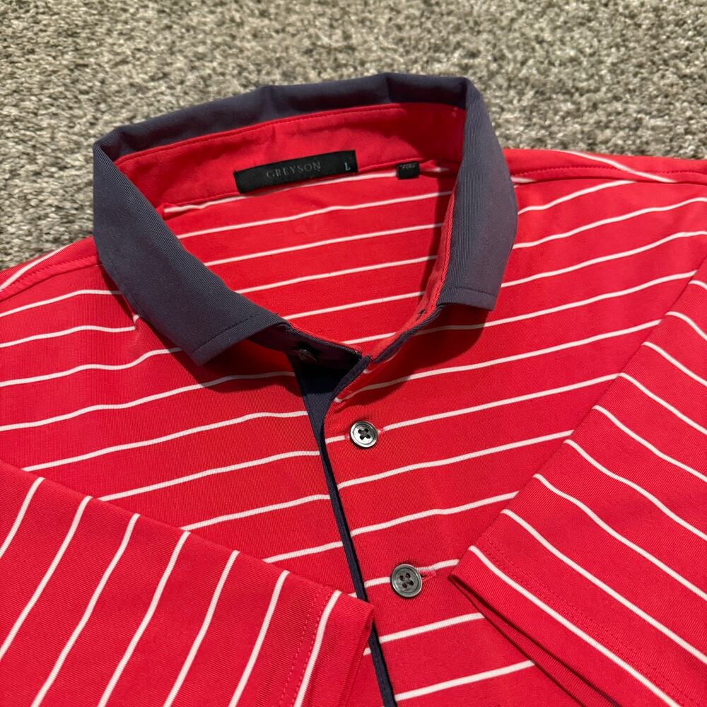 Greyson Golf Polo Mens Large Red White Stripe Navy Collar Performance Stretch